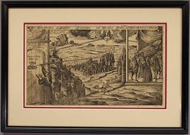 Rare Historic 18th Century Woodcut Engraving of Elector Frederick the Wise of Saxony’s Dream in Schweinitz on October 31, 1517 | Engraving is Depicting Luther Posting the Ninety-Five Theses on Indulgences in Elector Frederick the Wise’ Dream | Anonymous Engraver | Published in 1717 or earlier | Martin Luther’s 95 theses being posted to door of cathedral in Wittenberg on October 31, 1517 | Engraving by Swiss School | Framed and matted under glass | Dimensions: Sight Size: 7.25 x 12.5 in.; Overall Size: 12 x 16.75 in. The scene in the engraving, itself a recasting of an earlier engraving from 1617, depicts a later tradition (dating to 1591), supposedly related thirdhand, that, on the night before Martin Luther nailed his 95 Theses to the door of the Castle Church in Wittenberg, Elector Frederick the Wise had a dream which he related to his brother John the following morning. In the dream, a monk wrote something on the door of his Castle Church with a pen whose quill stretched all the way