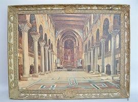 Exceptional Interiorscape by very popular and well listed Italian Artist Giuseppi Gallo Oil Painting | Oil on Canvas | Architectural Painting, Church Interior | Signed by the artist Giuseppi Gallo in lower right; Signed and Dated 1957 by the artist en verso on stretcher bar | Housed in a remarkable handmade textile and wood ornate mixed Media frame | Measures 23" H x 31" W. Dimensions: 23" H x 31" W Artist or Maker: Giuseppi Gallo Medium: Oil on Canvas Date: 1957 Condition Report: Very Good Condition. Frame has small tear to fabric in lower right, otherwise in very good condition. Giuseppe Gallo, born in Rogliano (Cosenza) in 1954, lives and works in Rome. Giuseppe Gallo\'s training as an artist was strongly influenced by his father, a restorer and enthusiastic amateur painter. In 1976 Giuseppe moved to Rome to study architecture. In the same year he held his first solo exhibition at the Galleria Ferro di Cavallo. After being initially attracted to conceptual art, he later turned to re