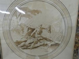 18th Century Stipple Engraving of Francesco Mazzola Parmigianno (Italian 1503-1540) 16th Century Drawing Entitled "David And Goliath" | The Engraving was made in 1776 in brown ink on paper by the famous (& notorious) English Engraver William Wynne Ryland (English, 1732 - 1783), who pioneered stipple engraving | Published in 1762 by Charles Rogers (1711 - 1784) in his "A Collection of Prints in Imitation of Drawings" Volume 2, First Edition | The Engraving is markings as follows: inscribed on plate b.r. "W.W. Ryland sct. 1762"; inscribed on plate b.c. "Videntes autem Philisthijm, quod mortus esset fortissimus eorum, figerunt. / In the Collection of George Earl of Cholmondeleys / CR edit."; inscribed on plate b.1. "Parmigianino delt.", inscribed verso in pencil "25[circled]" | Matted and encased with acetone sheets | Dimensions: Plate mark is 11" x 10.5"; Sight 12" X 10.5" William Wynne Ryland (1732 – 1783) was an English engraver, who pioneered stipple engraving, and who was later execu