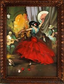 An original signed oil painting by prominent French artist Juan Giralt Lerin (1907 - ?) | Entitled "Spanish Dance" | Dated 1962 | Hand signed, dated and dedicated on Reverse by the artist | An important impressionistic painting of a spanish famingo fan dancer | Lovely hand carved period frame | Excellent condition | Dimensions: 32" W x 42" H. | This is Lerin's most famous paintings from which numerous prints have been made and that can still be acquired today | Provenance: Painted in 1962 and remained in artist possession until it was gifted to R. Pellitero in 1981. 