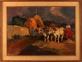 Italian Post-Impressionistic Oil Painting by listed Italian artist Carlo Domenici (1897-1981) | Oil on Board | Signed on the lower right of the canvas by the artist, with a dedication on the back that reads "Happy Birthday to Willie D. Stove Aug. 15, 1960 Livorno Italy" | Measurements: 33" W x 25" H | In very good condition. 