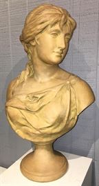 Gorgeous terracotta Greco-Roman Signed Female Bust Sculpture | Signed / Marked on back of the base: "La Route" which is French for "The Road" | Approx. Dimensions: 22.5" Tall. 