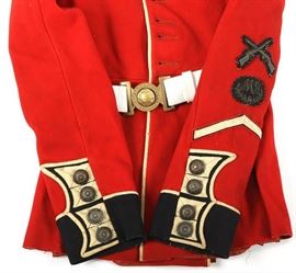 Remarkable Original British Coldstream Guards Dress Uniform | The Coldstream Guards (COLDM GDS) is a part of the Guards Division,[1] Foot Guards regiments of the British Army. It is the oldest regiment in the Regular Army in continuous active service,[2] originating in Coldstream, Scotland in 1650 when General George Monck founded the regiment. It is one of two regiments of the Household Division that can trace its lineage to the New Model Army, the other being the Blues and Royals (Royal Horse Guards and 1st Dragoons). 
Condition Report: Very Good + condition. 
Notes: The origin of The Coldstream Guards lies in the English Civil War when Oliver Cromwell gave Colonel George Monck permission to form his own regiment as part of the New Model Army. Monck took men from the regiments of George Fenwick and Sir Arthur Haselrig, five companies each, and on 23 August 1650 formed Monck's Regiment of Foot. Less than two weeks later, this force took part in the Battle of Dunbar, at which the Round