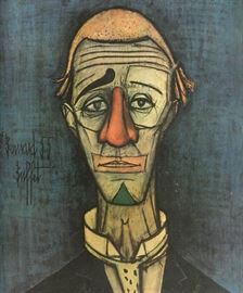 Rare Original Museum Quality Bernard Buffet (1928 – 1999) Signed Lithograph Print Entitled “Head of a Clown” | Hand Signed by Bernard Buffet in lower right margin | Housed in a Custom Frame | Approx. Dimensions: Image only 28″H x 22″ W, Framed 34″ H x 28″ W | Provenance: Private Lake Park, Florida Estate | In very good + Condition. 