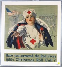 Rare Original Harrison Fisher (American 1875-1934) framed WWI Red Cross poster, signed in plate lower right "Harrison Fisher". Framed, not examined out of frame. Frame size: 30 1/2" H x 28.75" W. Provenance: From a Westchester County NY Estate. Very Good Condition, some puckering to edge, mild horizontal crease to top. 
Dimensions: 30 1/2" H x 28.75" W 