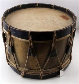Authentic Original Brass & Wood French Couesnon Civil War Field Drum | Civil War field drum with wooden rims, rope tighteners, and stretched hide heads. Marked "Exposition Universelle de Paris, Couesnon & Ge. ...Paris". Measures 10.5" H x 15 1/8" in diameter | Age wear present, but all in good condition for age. 
