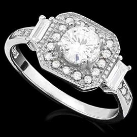 A Diamond Halo shaped Ring with a .80 Carat Princess Cut Diamond Center stone surrounded by 16 princess cut diamonds, flanked by two gem cut diamonds and princess cut diamonds set on each side of the band - in a .925 Sterling Silver Setting 