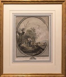Wonderful 18th century hand colored engraving by famed French artist and engraver Jean-Baptiste Oudry (1686 - 1755) | Depicting two men and a woman with livestock animals in a rural landscape | Image is Surrounded by a vignette and French script | Housed in a triple matte and gilt wood frame | Dimensions: 32.25 x 28 inches. Jean-Baptiste Oudry (French: [udʁi]; 17 March 1686 – 30 April 1755) was a French Rococo painter, engraver, and tapestry designer. He is particularly well known for his naturalistic pictures of animals and his hunt pieces depicting game.