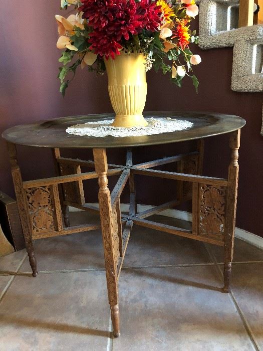 Antique Circular Table with Carved Metal Top from China