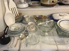 Precious Moments 8 piece place setting dishes set, Pyrex bowl set, covered casserole dish, and other kitchen items