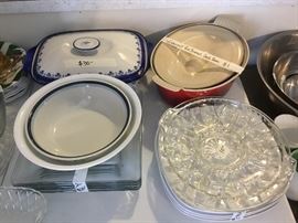 LeCruset casserole, platters, egg plates, etc