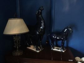 Two navy blue exhibition art pieces, Metal vintage lamp w/griffin detail