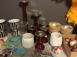 Red pedestals are new from box Pottery barn, other decorator pieces