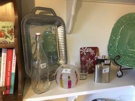 Wilton metal serving tray, bottles, flasks, platters