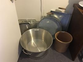 Metal serving party trays, metal tub for beverages, Crock
