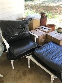 Chair & ottoman to patio set - cushions are a blue tweed fabric - all have been covered & stored for winter. Nice, nice set in excellent shape. 