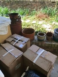 Boxes of various size glass cylinders - milk can & lots of flower pots 