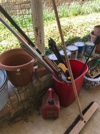 Gas can, miscellaneous garden items, Paint in various colors, large broom
