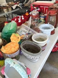 More flower pots , hummingbird feeder, lantern, red metal containers, Easter decor