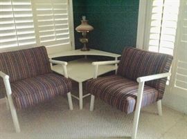 Two Mid-Century Chairs and Corner Table.  Excellent Condition.  New Upholstery on the chairs!