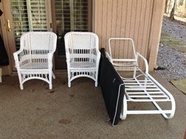 2 White Wicker Chairs (As-Is) (No Cushion) and Chaise Lounger (As-Is) with Cushion