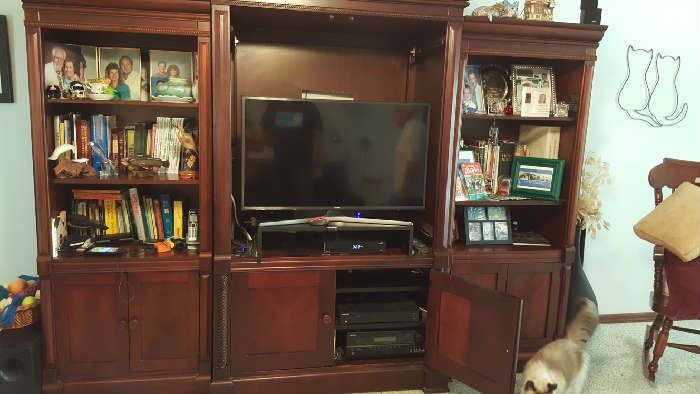 Large entertainment center with 2 large doors to close up the television. Can be painted. Lots of storage and in great condition!