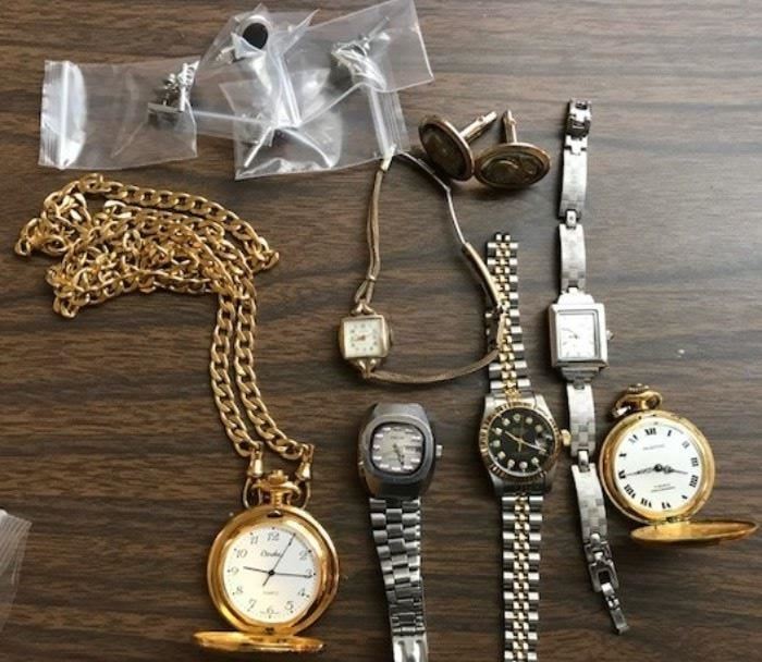 Assortment of watches, cuff links, tie pins