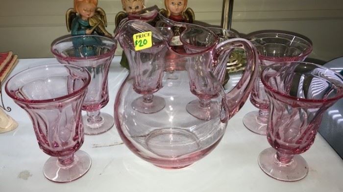 Rose pitcher and 6 glasses
