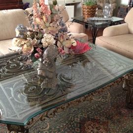 Ornate glass top coffee table