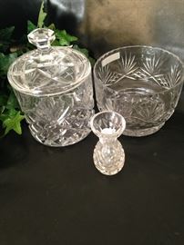 Biscuit barrel, bowl, and small vase