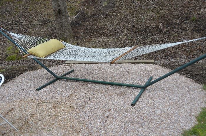 Hammock, pillow and hammock stand, sold as a set