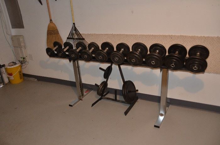 Dumbells, rack and spare weights, sold as a set