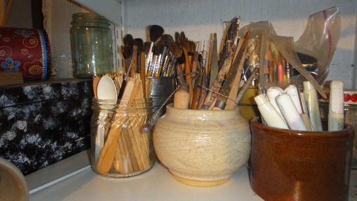 Clay working utensills, paint brushes 