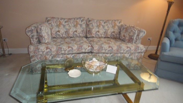 Custom Upholstered Sofa, Glass & Brass Coffee table 