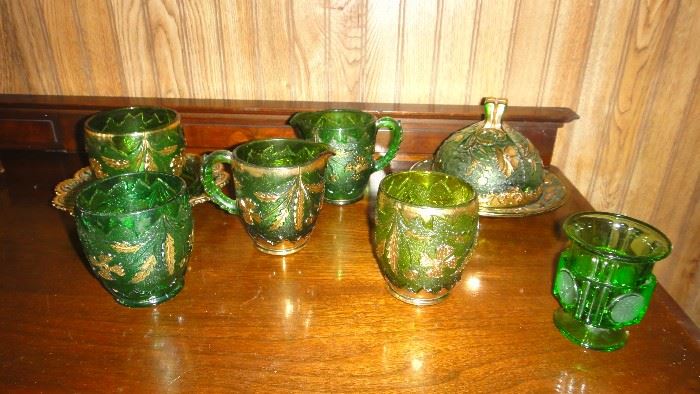 Vintage Green and Gold Pressed Glass