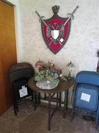 Nice Thin Gate Leg Table, Folding Chairs, Coat of Arms