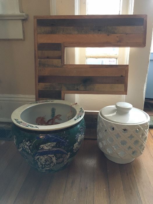 wood art, koi bowl, ceramic lantern