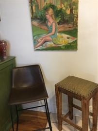 bar stools (leather stool is part of a pair) and original artwork