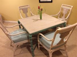 Wrought Iron Table with Wood Top and 4  White Wheatsheaf  Rattan Chairs
