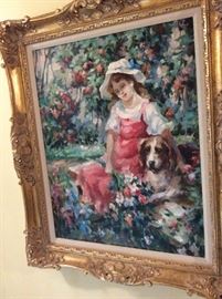 Girl with Dog Impressionist Painting  Gold Ornate Frame