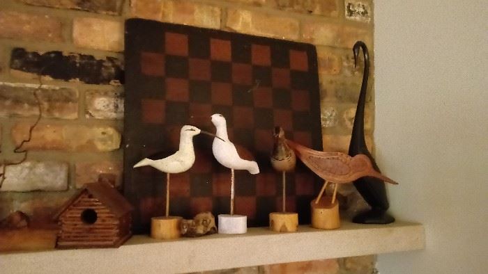 Bird carvings, wood game board