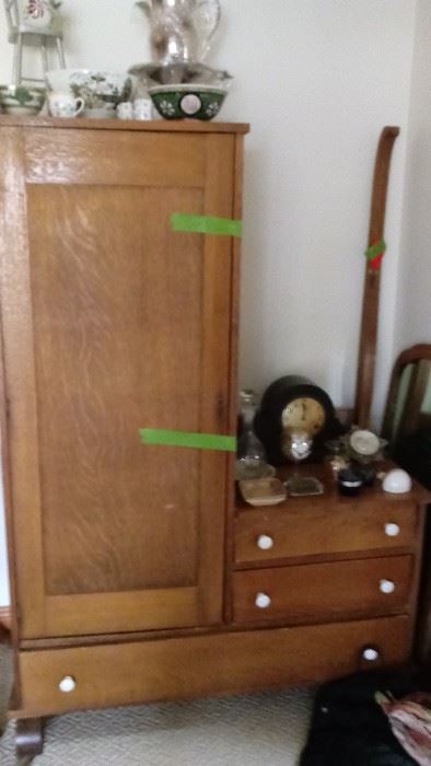 Antique oak dresser/chifferobe with mirror (not attached), antique clock, Asian style bowls