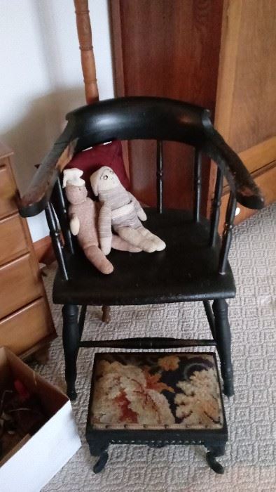 antique chair, footstool, sock dolls