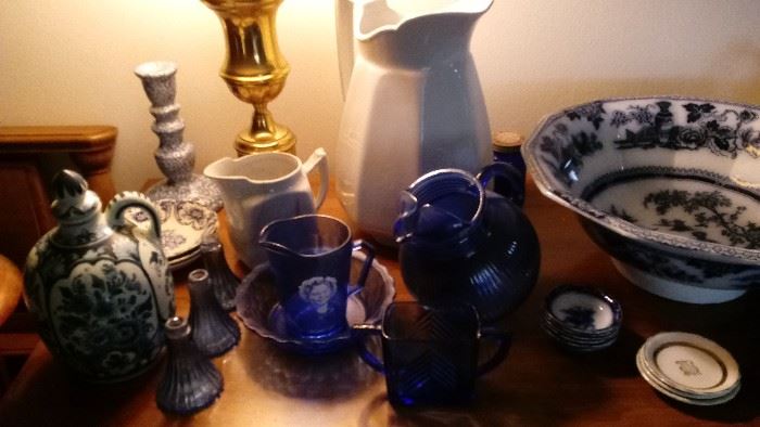 Cobalt blue glass, blue and white dishes, some ironstone