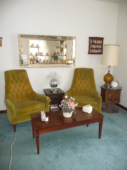 vintage  chairs / coffee table / mirrored shelf 
