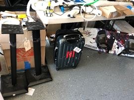 Speaker stands, suitcase