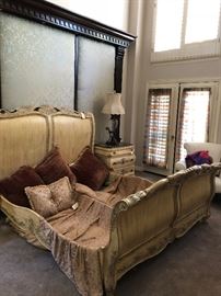 Cal King bedframe, dressers, bedding, 2 night stands, Polish crystal Lamps - pair