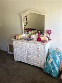 White dresser girls room - bedding, bows, cheerleader shoes