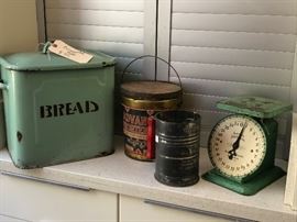 Vintage Bread Tin, weight scale  and Bisquet boxes