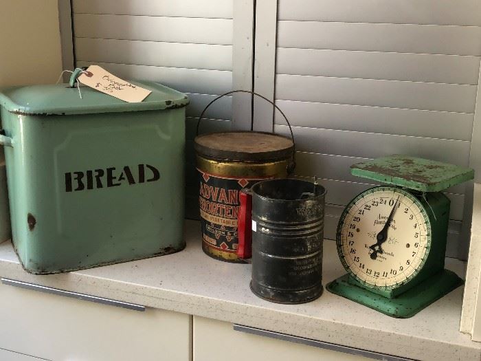Vintage Bread Tin, weight scale  and Bisquet boxes